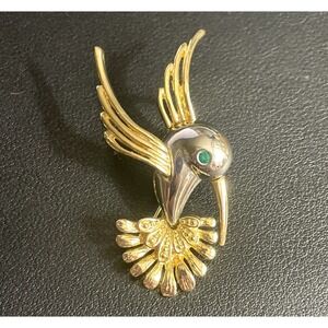 Vintage Hummingbird Brooch Pendant Rhinestone High Polish Two Tone Pin Jewelry